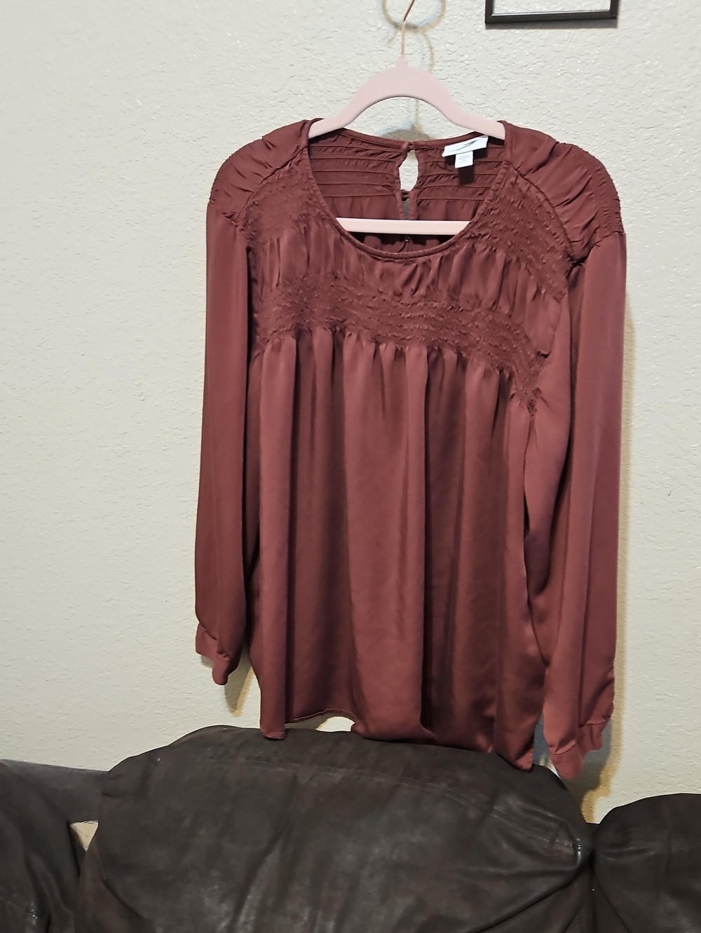 J. Jill Mauve-Brown Long-Sleeve Smocked Yoke Blouse